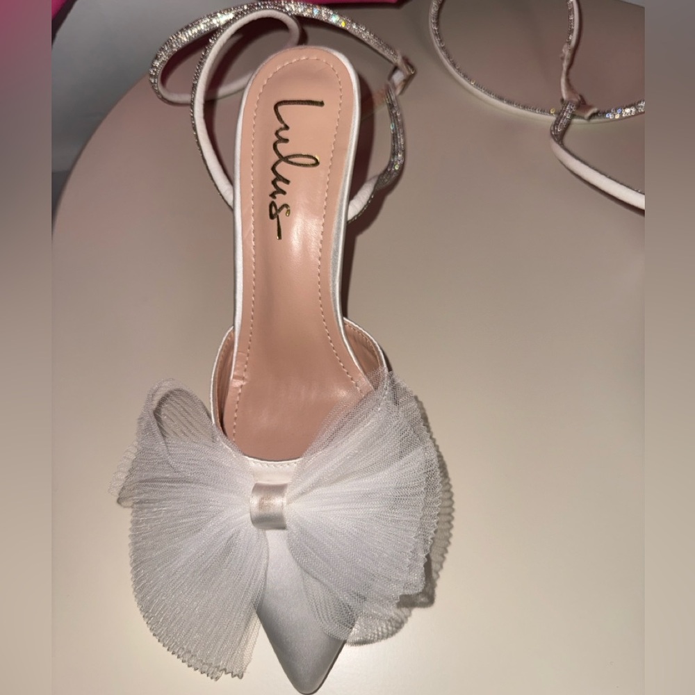 Lulu's Lelanee white satin rhinestone bow ankle strap pumps - Picture 2 of 7